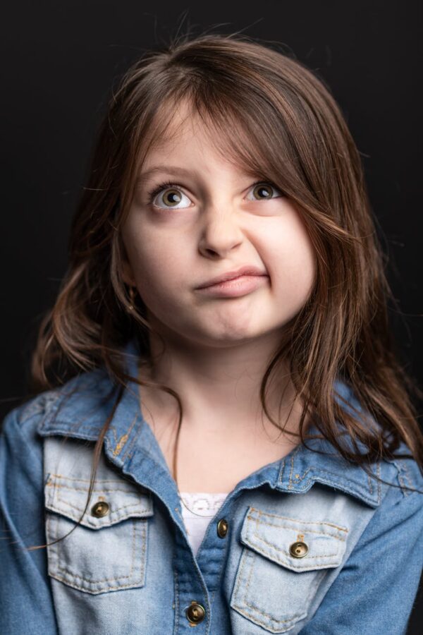 confused young girl in denim shirt